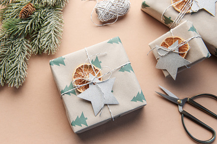 Christmas  gift boxes, clews of rope, paper's rools and decorati, a Holiday Photo by Olena Rudo