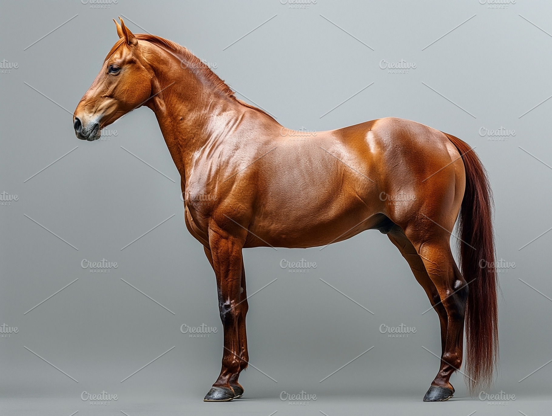 A stunning chestnut horse in profile, showcasing its muscular build and glossy, an Animal Photo by ImageMir