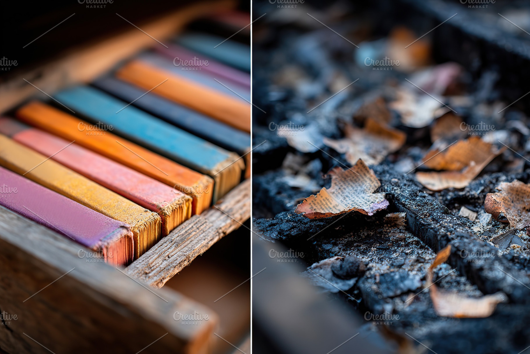 Colorful chalks contrast with charred remains in a weathered wooden drawer, a Photo by AlyaAnd
