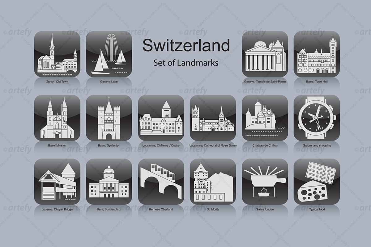 Swiss landmark icons (16x), an Icon by Artefy's Graphic Bar (Photo 1 of 2)