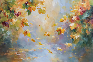 Autumn breeze scattering golden maple leaves over water capturing the warm ligh, an Illustration by Studio ANNA