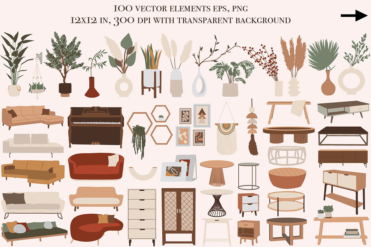 Boho Furniture set. Scene creator, a Decorative Illustration by ApetekMarket (Photo 2 of 8)