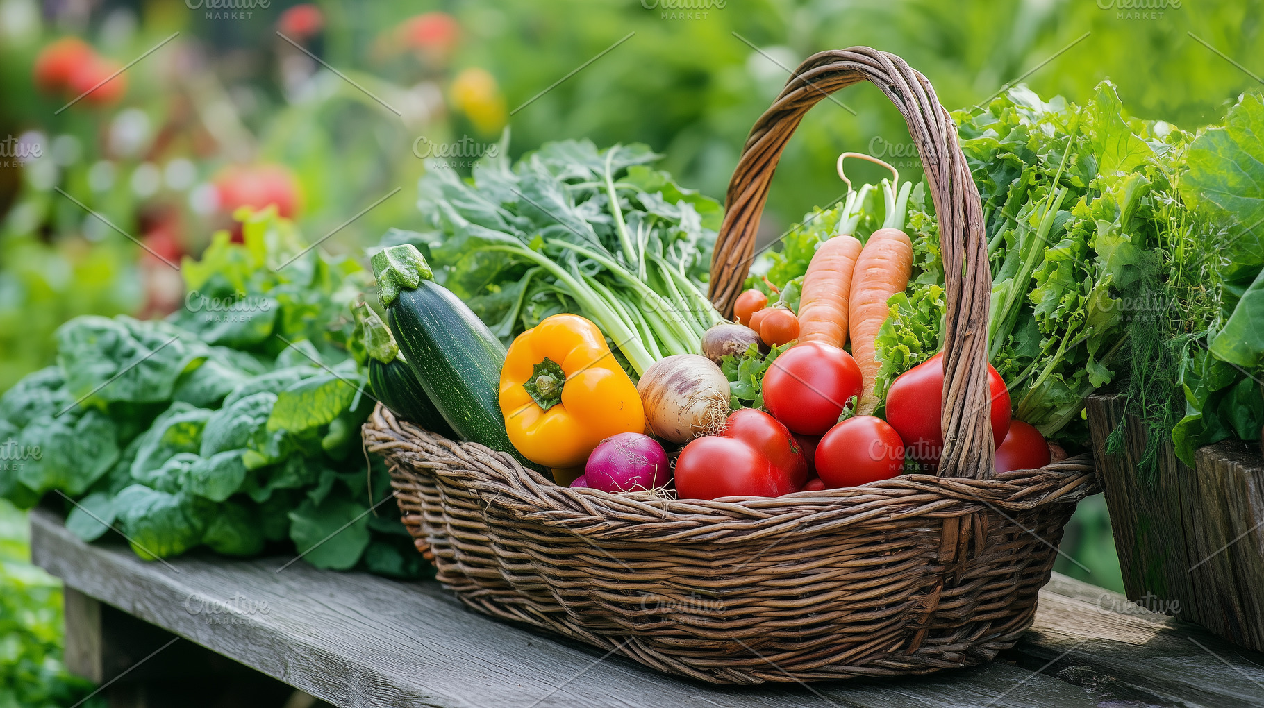 Basket of fresh vegetables on bench, a Nature Photo by MistyDay