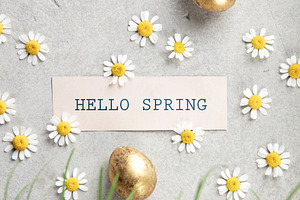 Hello Spring Card with Golden Easter Eggs and Daisies, a Holiday Photo by Natalia Klenova's Shop