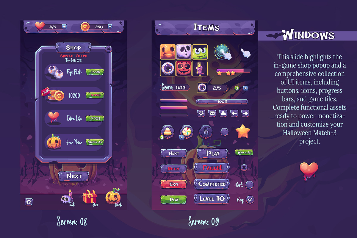 Halloween Match-3 Game UI Kit, an UI Kit Template by Nearbirds (Photo 6 of 7)