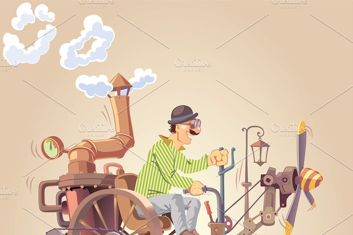 Inventor and his Steam Car, a Technology Illustration by LEKS illustrations
