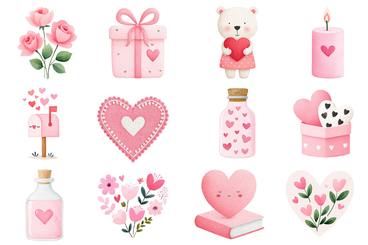 Watercolor Valentine's Day Clipart, an Illustration by Dream Creation (Photo 3 of 5)