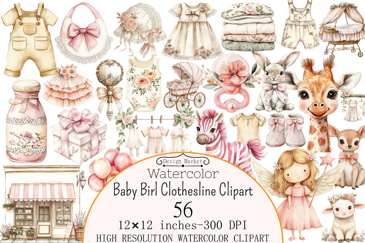 Watercolor Baby Birl Clothesline Cli, a Seasonal Illustration by Design Market (Photo 1 of 6)