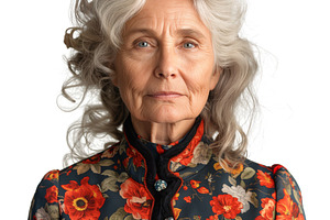 Elderly woman with silver hair in a floral vintage dress, exuding grace and wis, a Person Photo by ImageMir