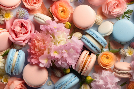 Colorful French Dessert Macaroons and flowers flat lay, a Food & Drink Photo by Natalia Klenova's Shop