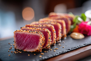 Delicious seared tuna slices served on a slate platter with garnishes in a mode, a Food & Drink Photo by AlyaAnd