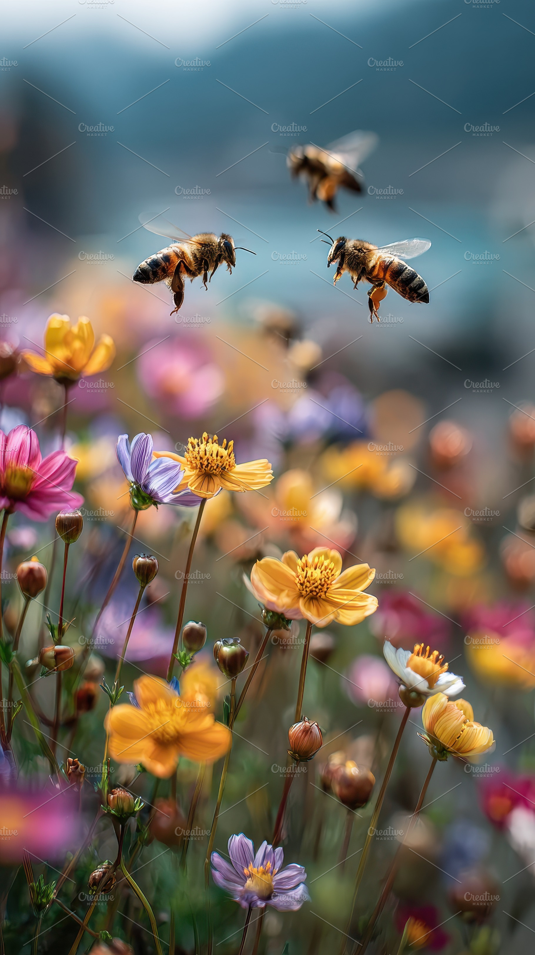 Bees in flight over colorful wildflo, a Photo by Pixeness Studio