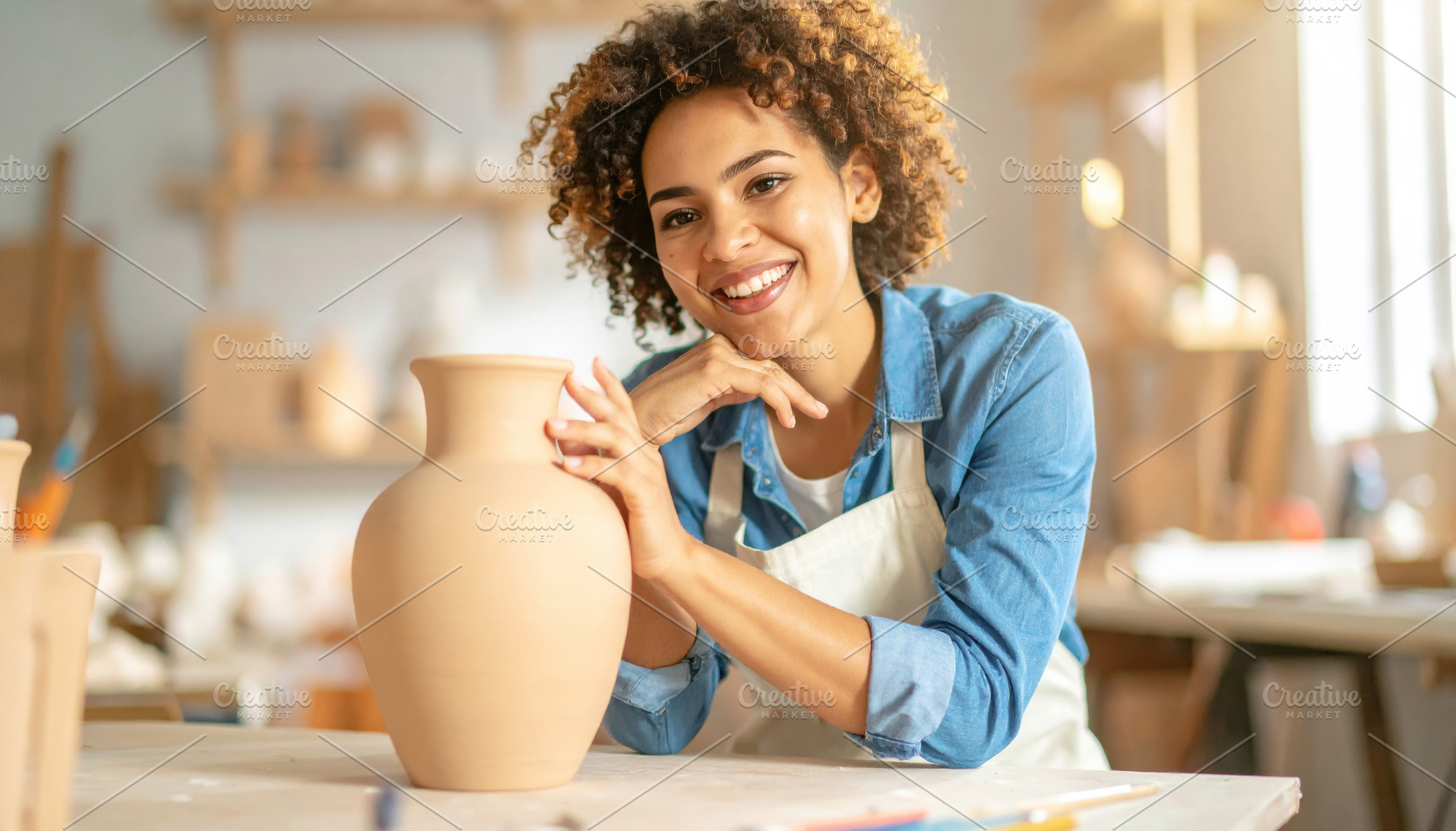 Smiling Young Woman Crafting Clay Vase, an Arts & Entertainment Photo by Davizro's Market