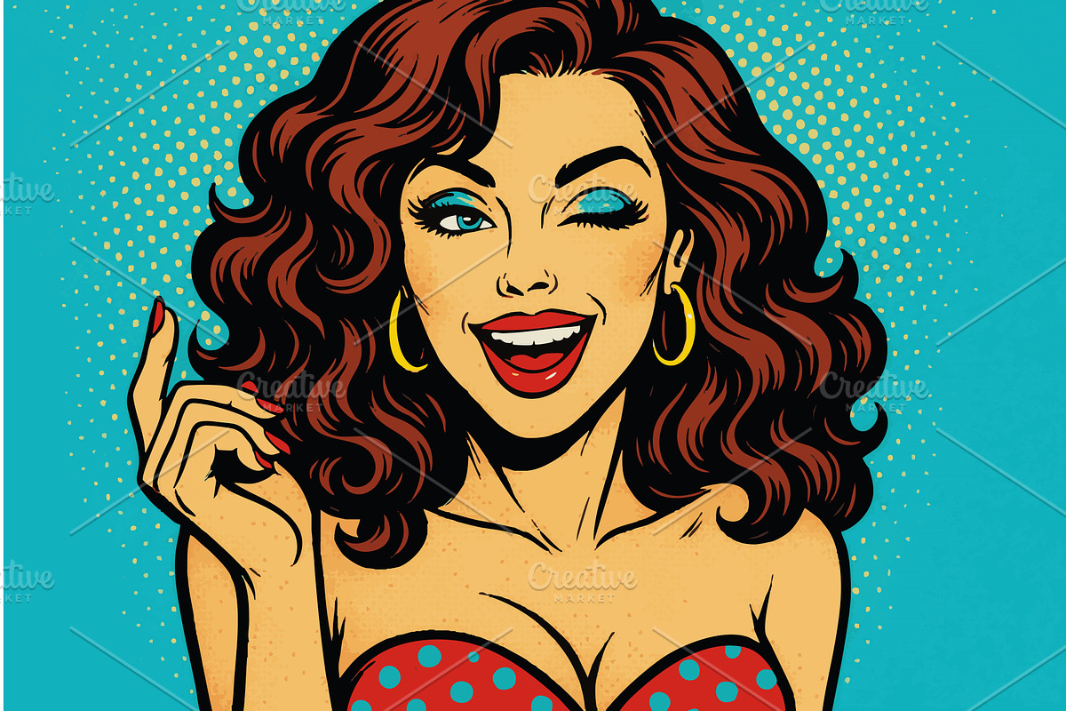 Winking retro woman in pop art style, a Person Illustration by AlexArt