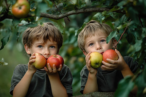Boys enjoying apples while sitting, a Photo by Pavel_design