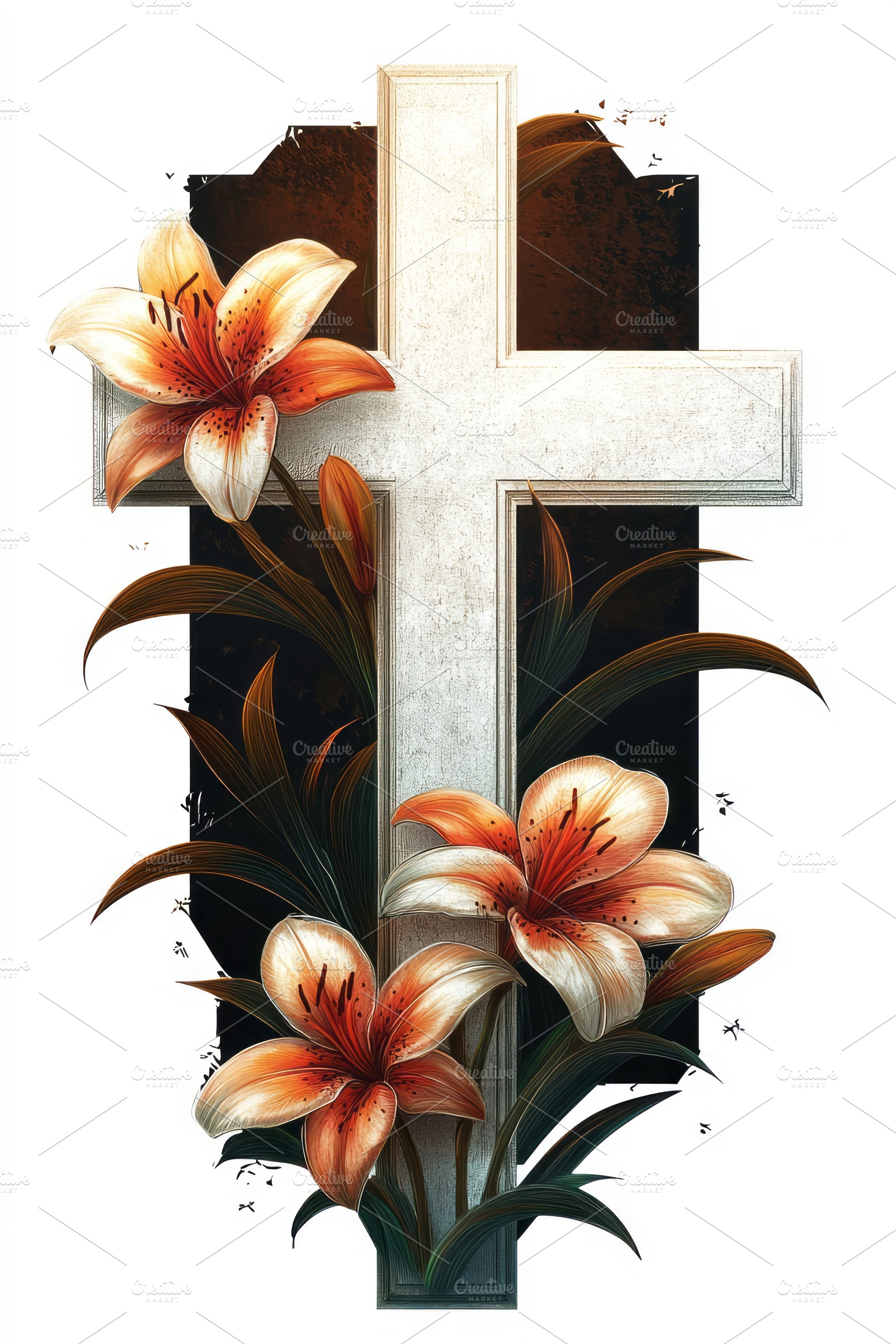 A beautiful illustration of a cross adorned with orange lilies, symbolizing fai, a Background Photo by ImageMir