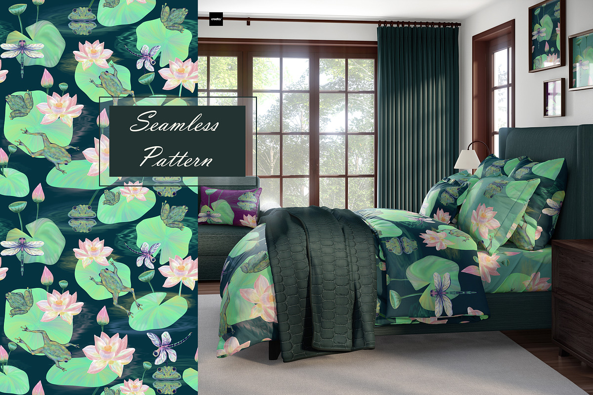 Frog Lotus Seamless Pattern, a Pattern Graphic by Oksana Dovhopol Art (Photo 1 of 23)