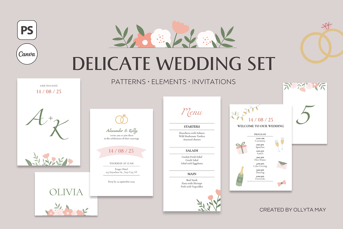 Delicate Wedding Invitation Set, a Design Template by Ollyta May (Photo 1 of 13)