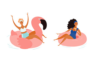 Women in swimsuit, riding pool, a Person Illustration by sceptical cactus