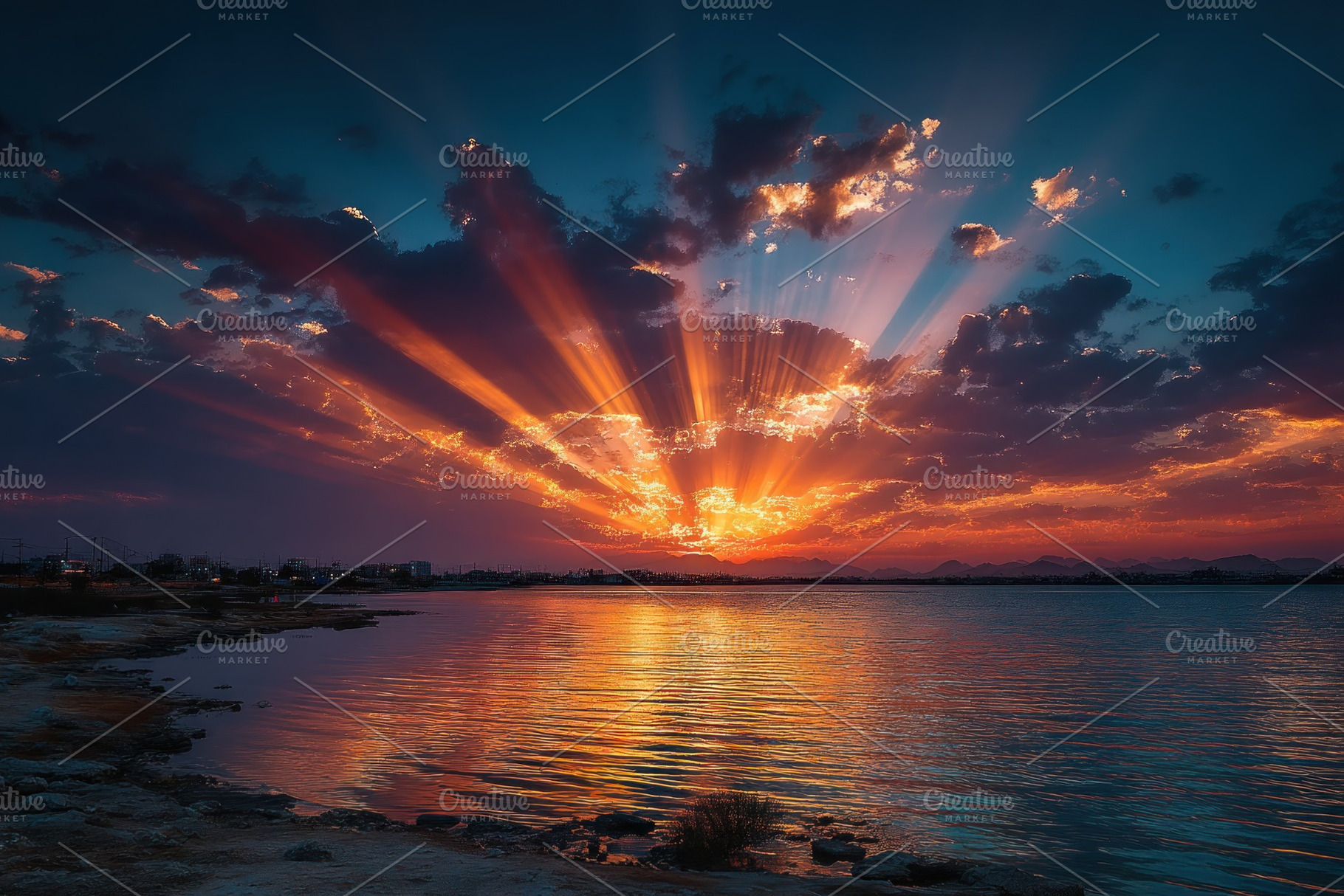 Dramatic sunset over calm coastal water with radiant sunbeams sh, a Nature Photo by José Manuel Gelpi