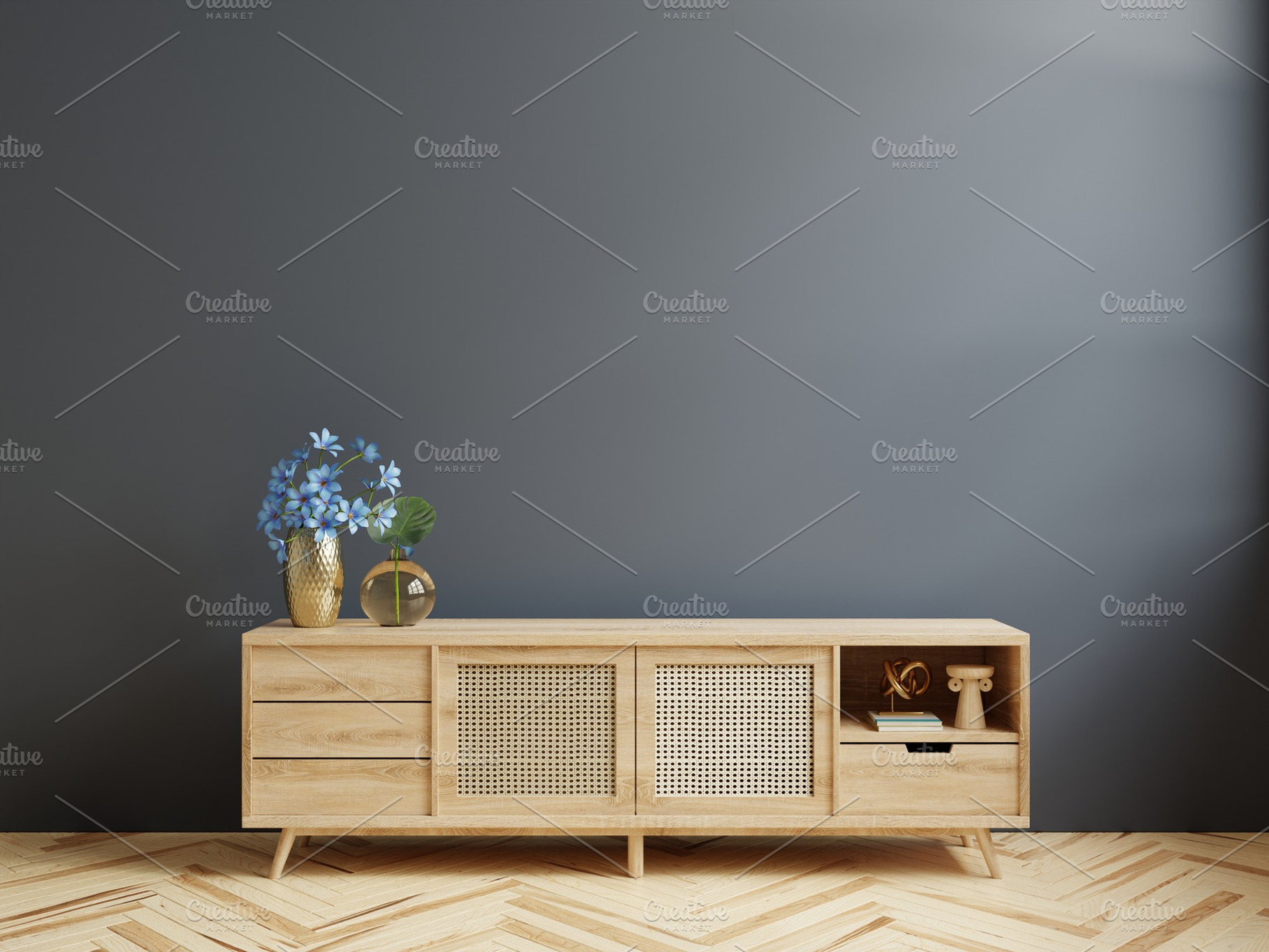 Cabinet for TV in living room on dark blue wall., an Architecture Photo by vanitjan
