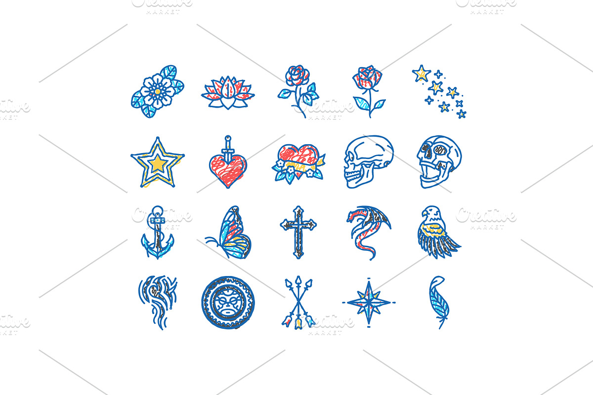 tattoo art rose vintage style icons, an Object Illustration by pikepicture