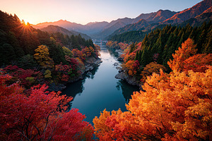 Autumn colors reflect on the serene river surrounded by mountains at sunset, a Photo by AlyaAnd