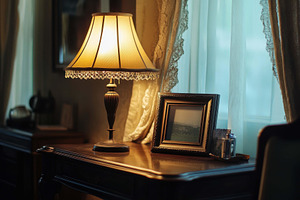 Warmly lit bedside table with lamp,, a Photo by Tanuart