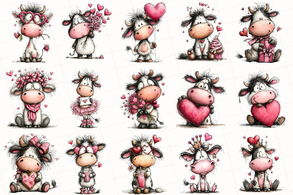 Quirky Valentine Cow Clipart, an Illustration by OK Design (Photo 3 of 6)