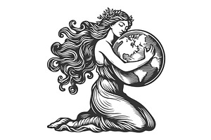 Woman embracing Earth engraving, a Person Illustration by AlexArt