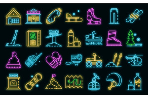 Ski Resort Icons Set Vector Neon