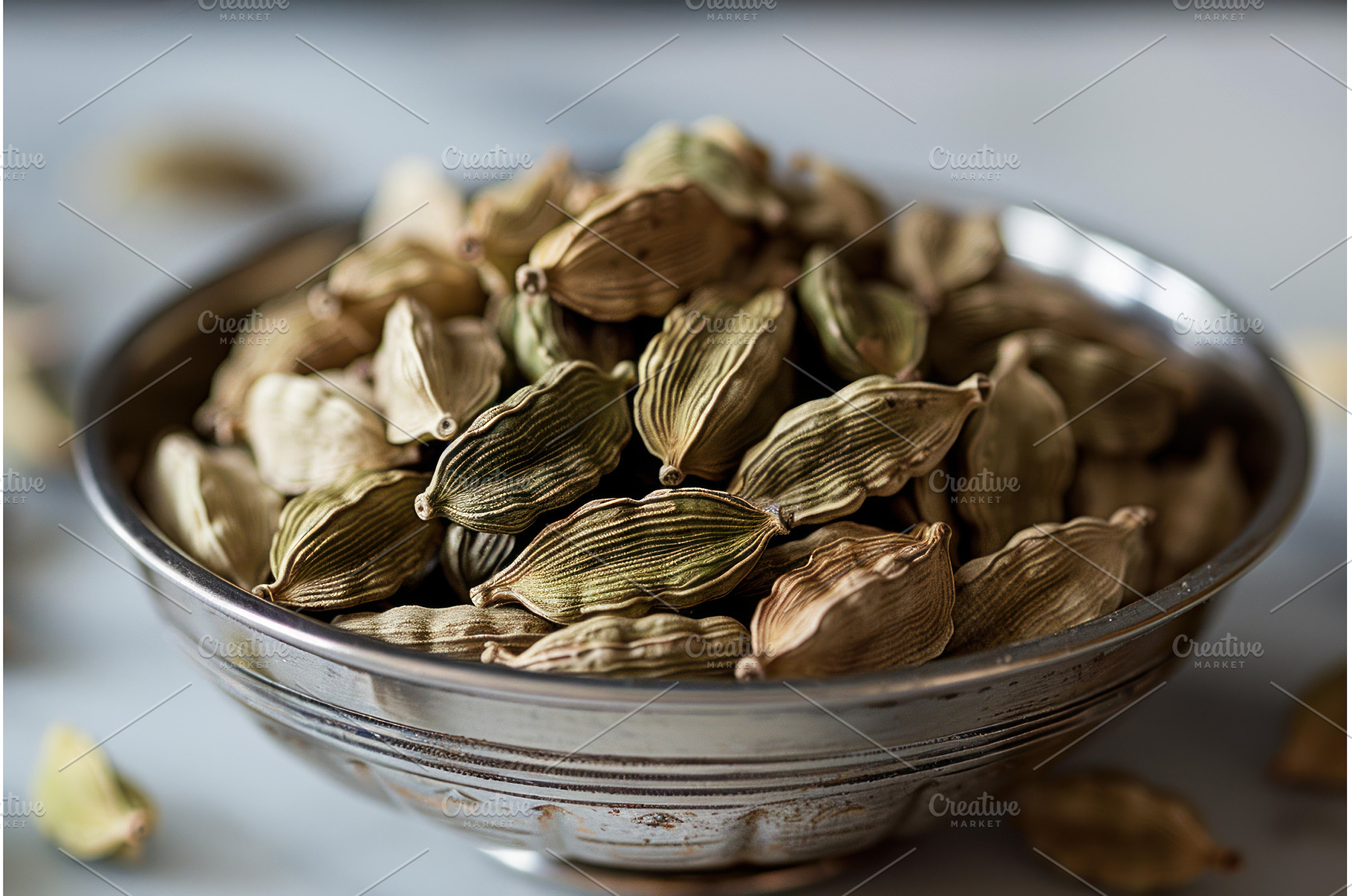 Metal bowl overflowing with aromatic, a Health & Medical Photo by Ylivdesign