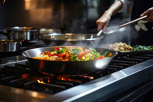 Chef cooking vegetables in pan, a Food & Drink Photo by AlyaAnd