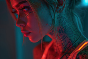 A close-up portrait of a young woman with intricate tattoos on her neck and fac, a Person Photo by Textures & Backgrounds