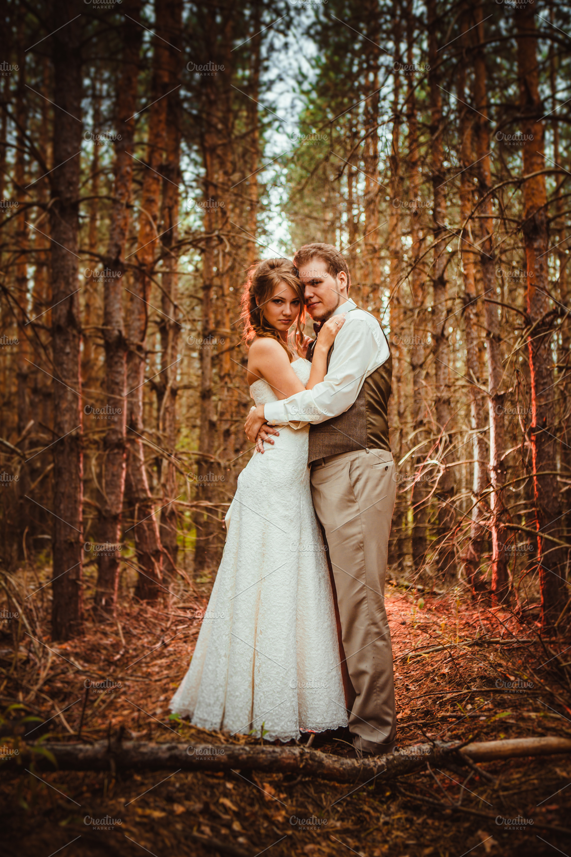 Bride and groom in the forest of fir containing beautiful, couple, and female, a Person Photo by ruslan117