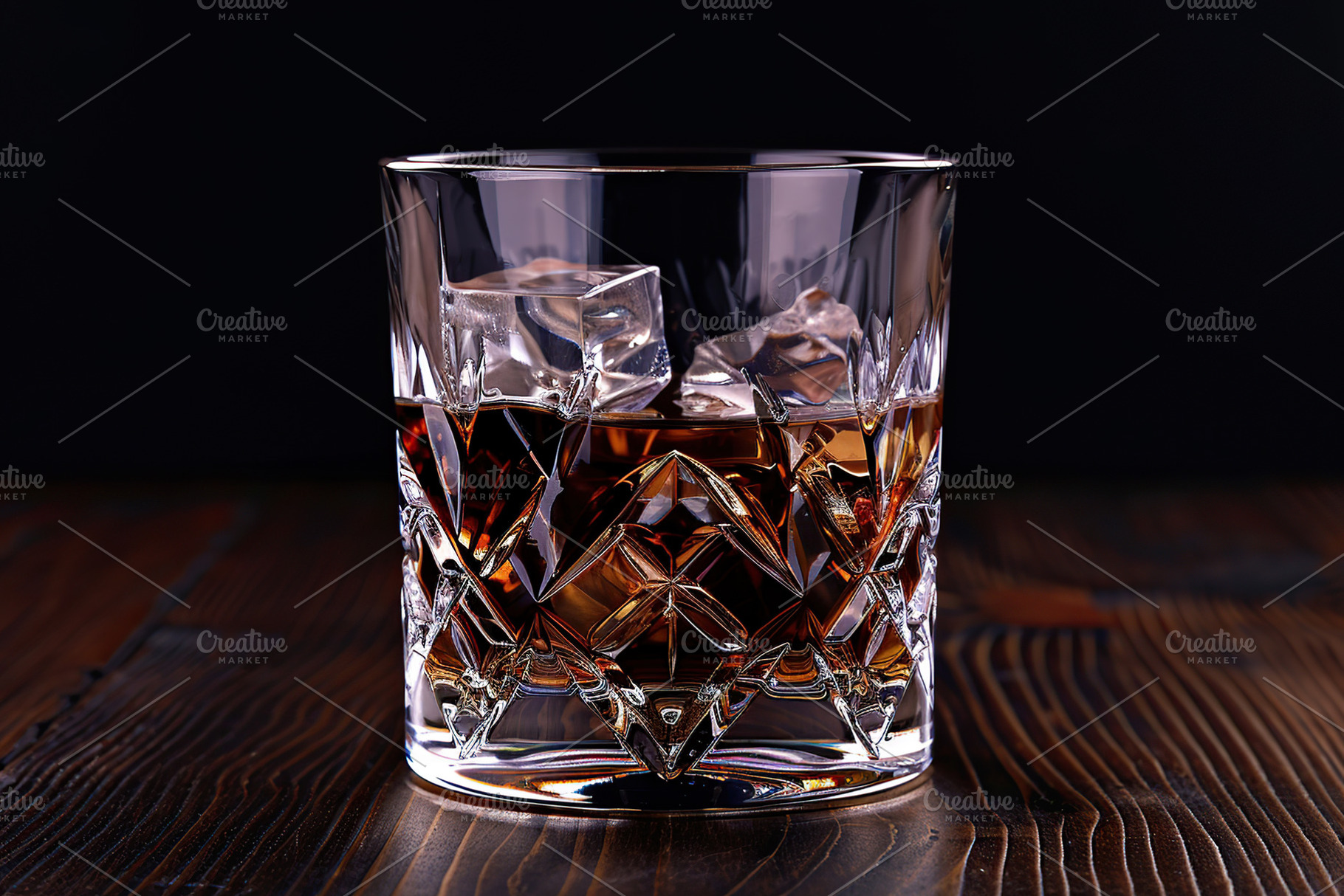 Glass of scotch whiskey and ice on wooden table, a Food & Drink Photo by AlyaAnd