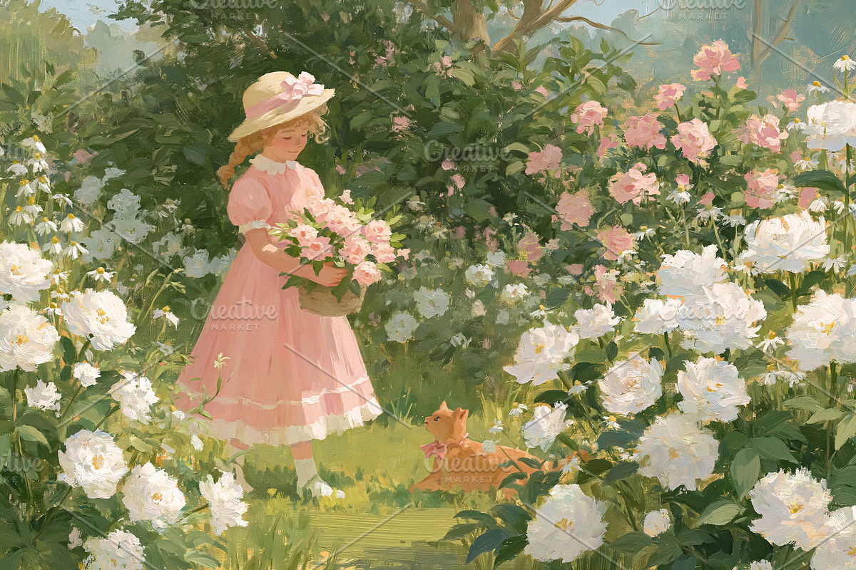 Little girl gathering pink flowers in a peaceful blooming garden, an Illustration by Studio ANNA