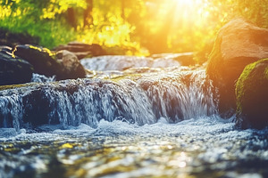 Stream of water flowing down in the forest with sun rays, a Nature Photo by AlyaAnd