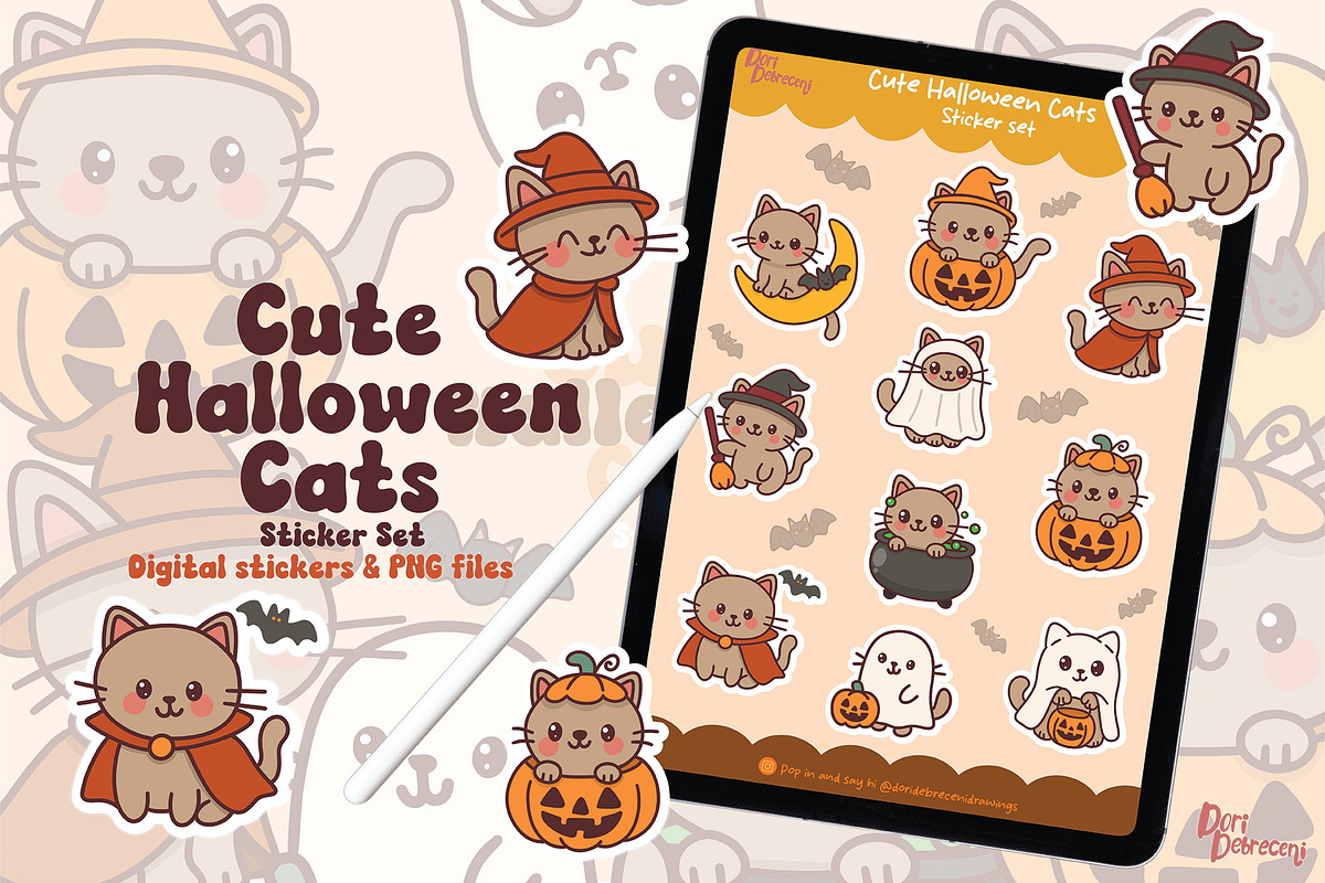 Cute Kawaii HalloweenCat Sticker Set, a Graphic by Dori Debreceni draws (Photo 3 of 4)