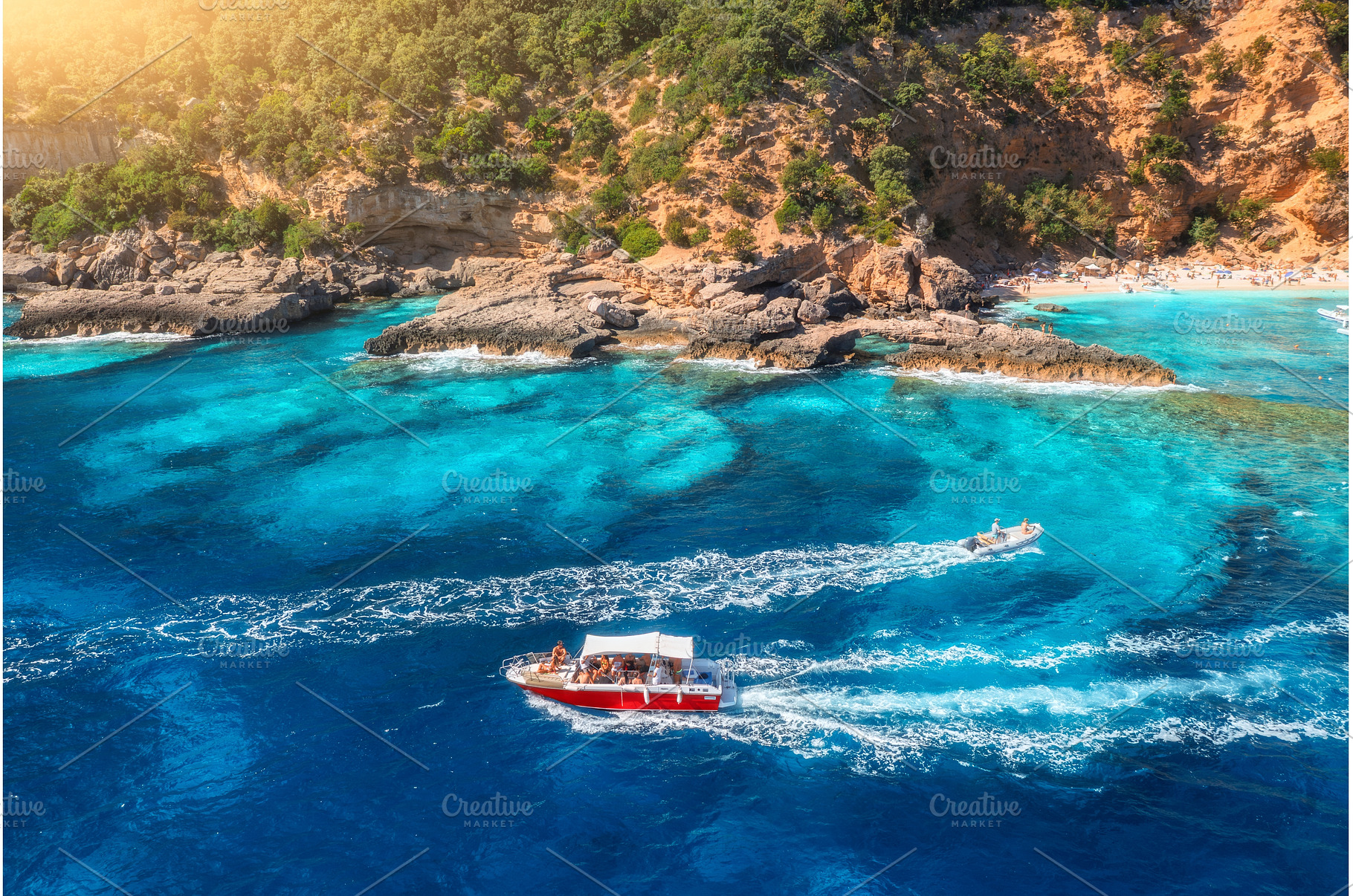Aerial view of speed boat, blue sea, a Nature Photo by den-belitsky