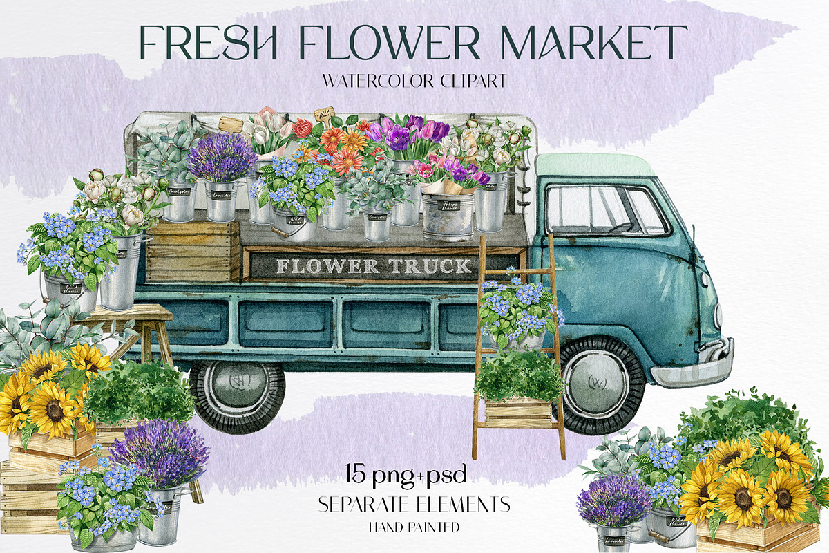 Watercolor flower shop truck cart, an Object Illustration by yana.fefelova (Photo 1 of 6)