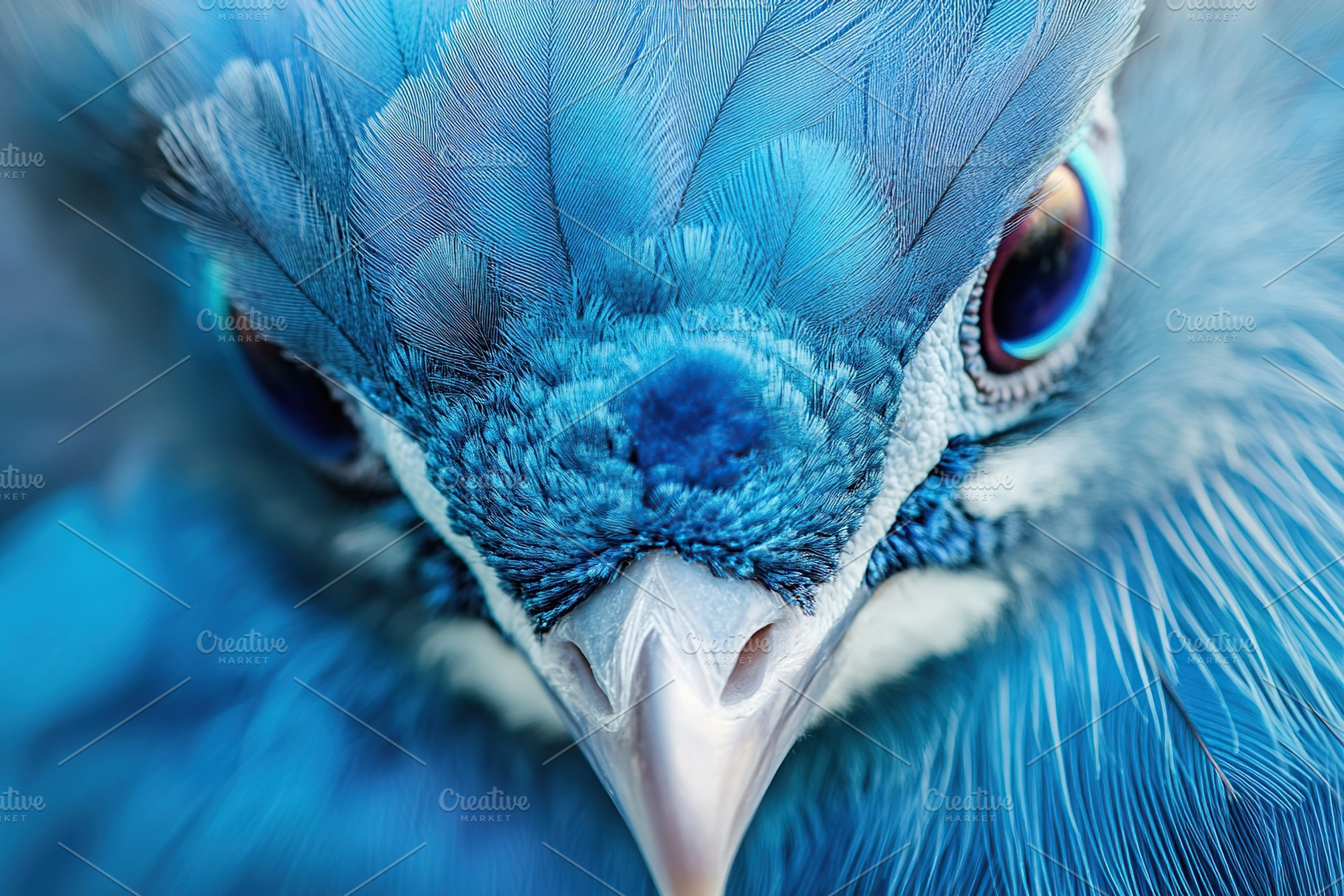 Vibrant close-up of a blue bird showcasing intricate feather details and pierci, an Animal Photo by AlyaAnd