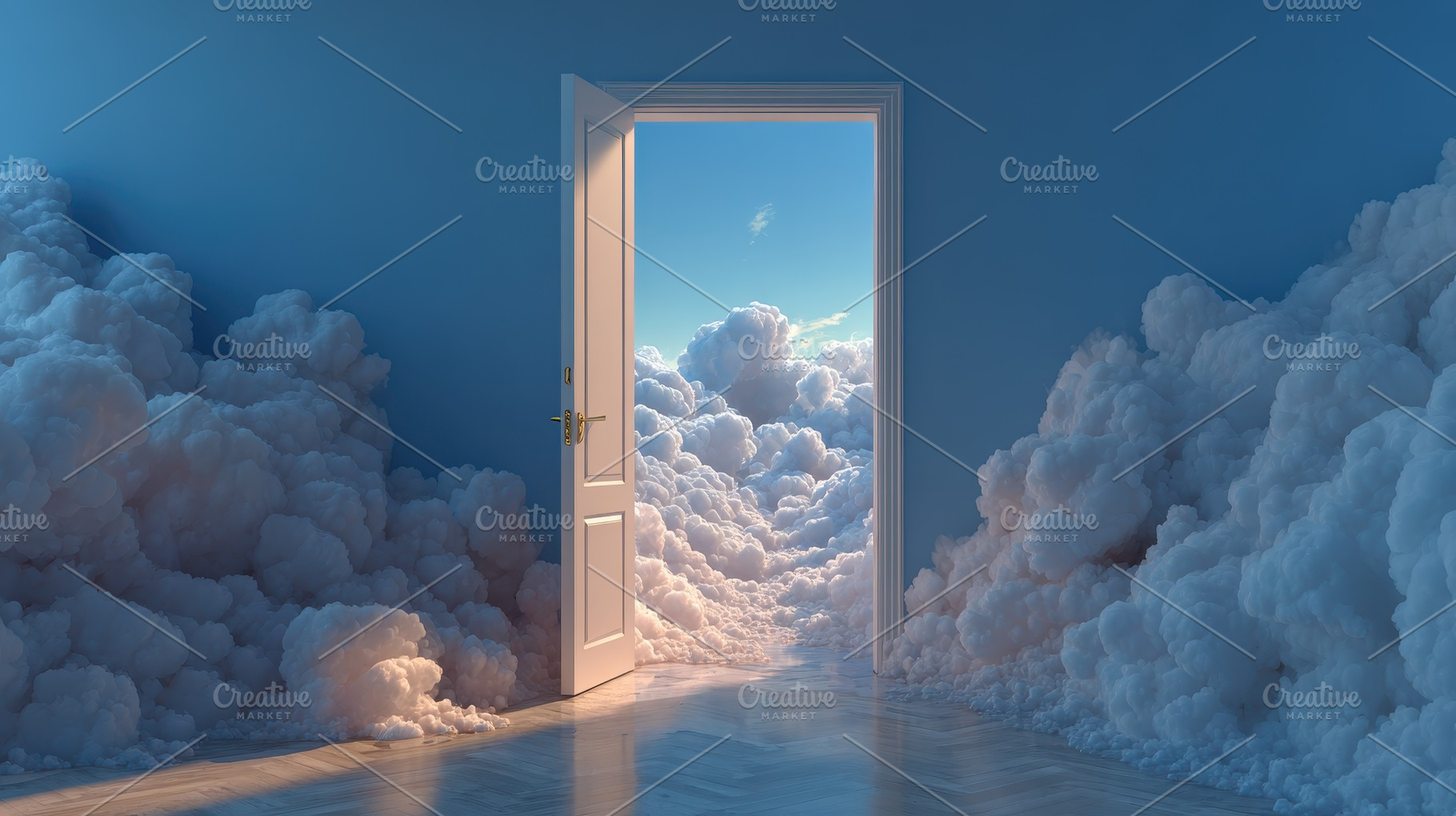 Open door to a cloudy sky cloudscape, a Photo by Pixeness Studio