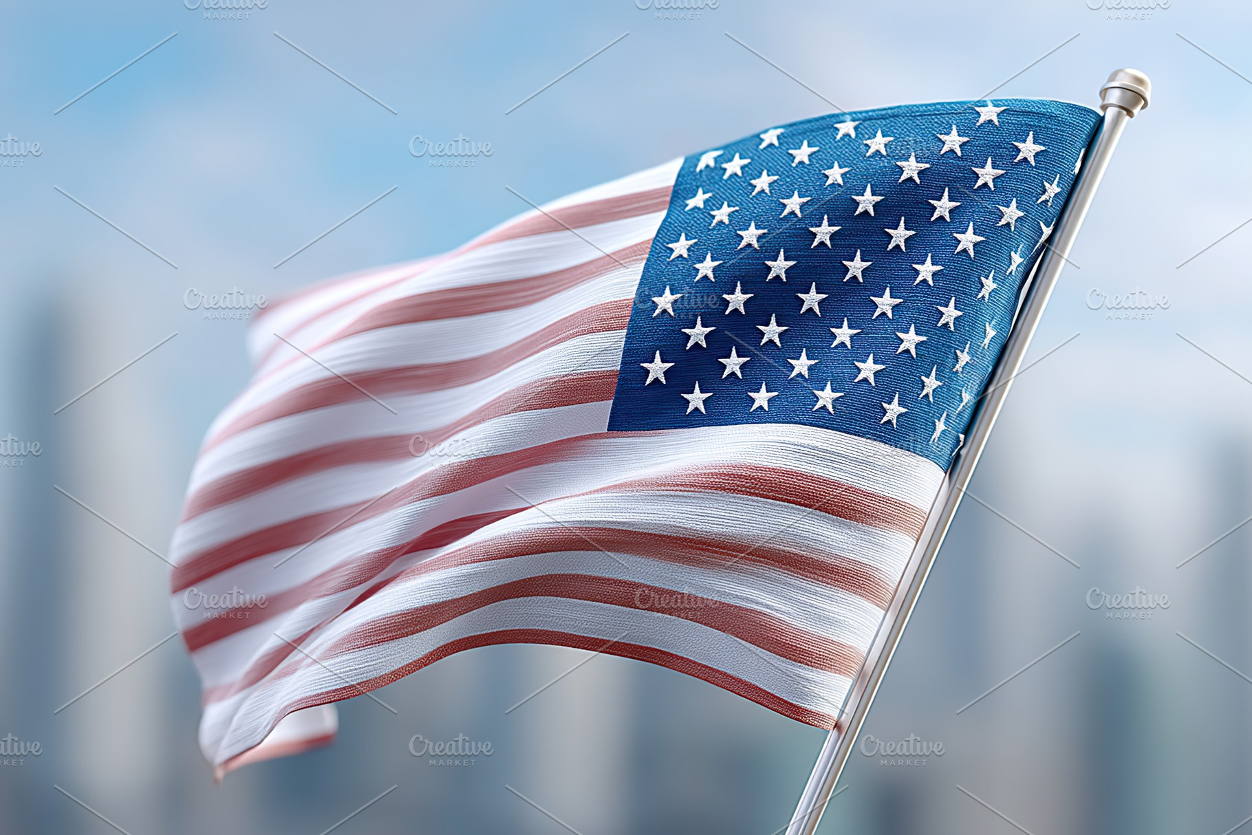 American flag waving against a blurred city skyline in daylight, a Holiday Photo by AlyaAnd