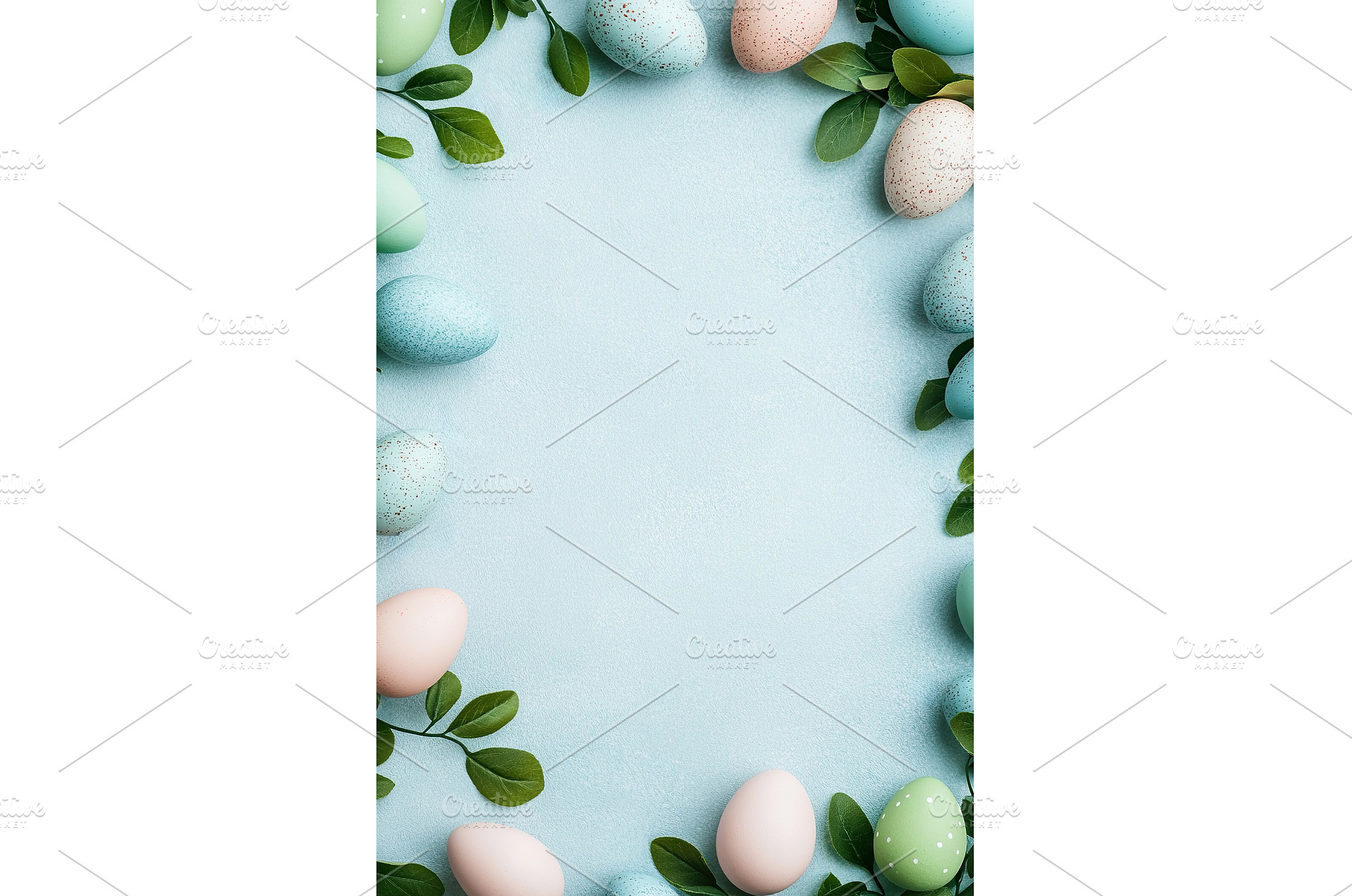 Pastel easter eggs and green leaves, a Holiday Photo by Lermont51