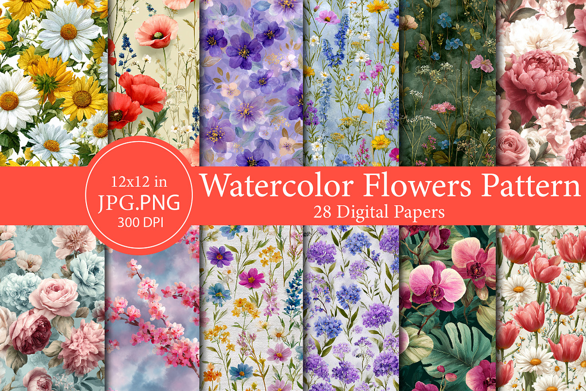 watercolor flowers pattern, an Illustration by Designworld (Photo 1 of 4)