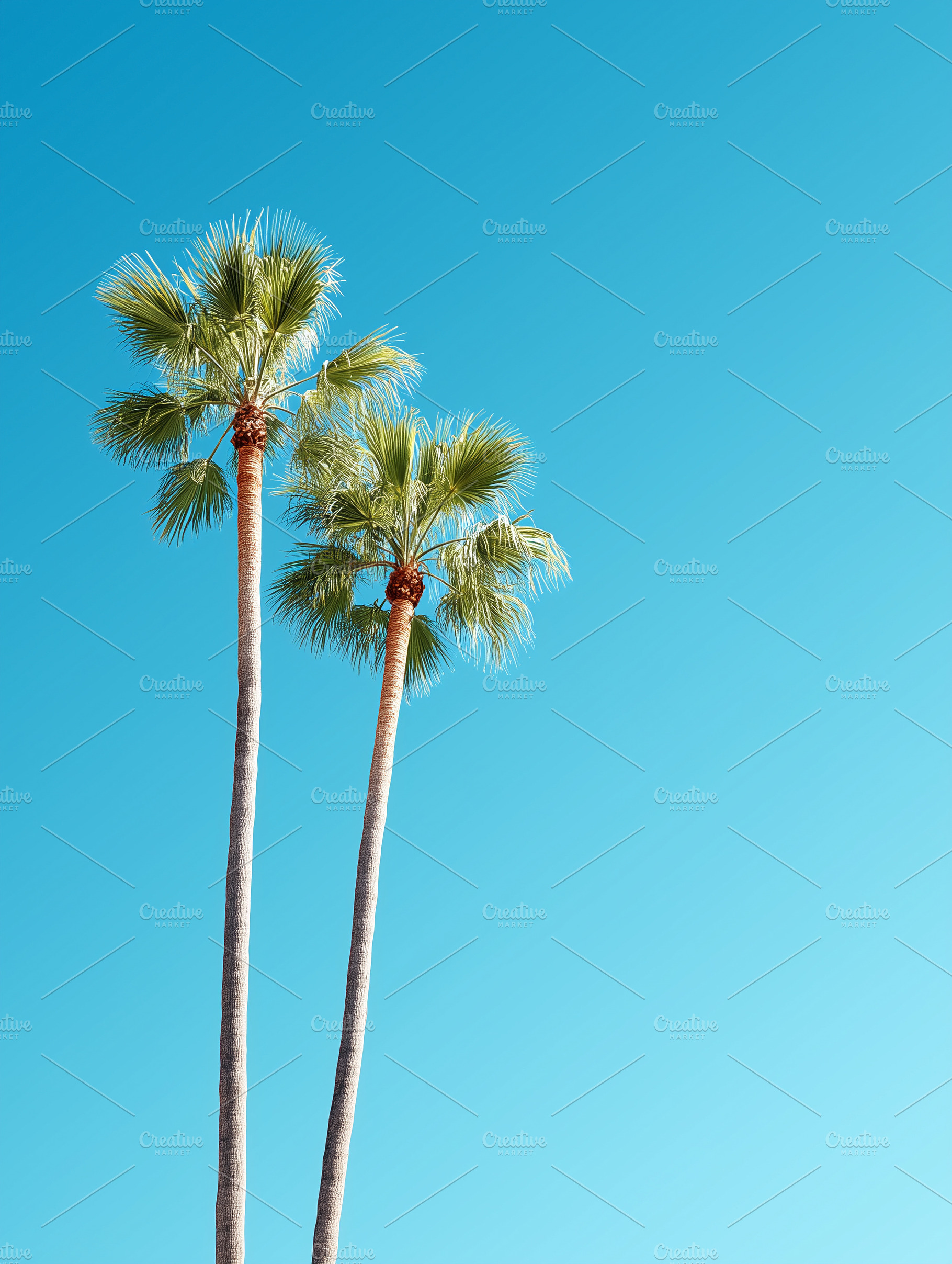 Two tall palm trees against blue sky, a Nature Photo by MistyDay
