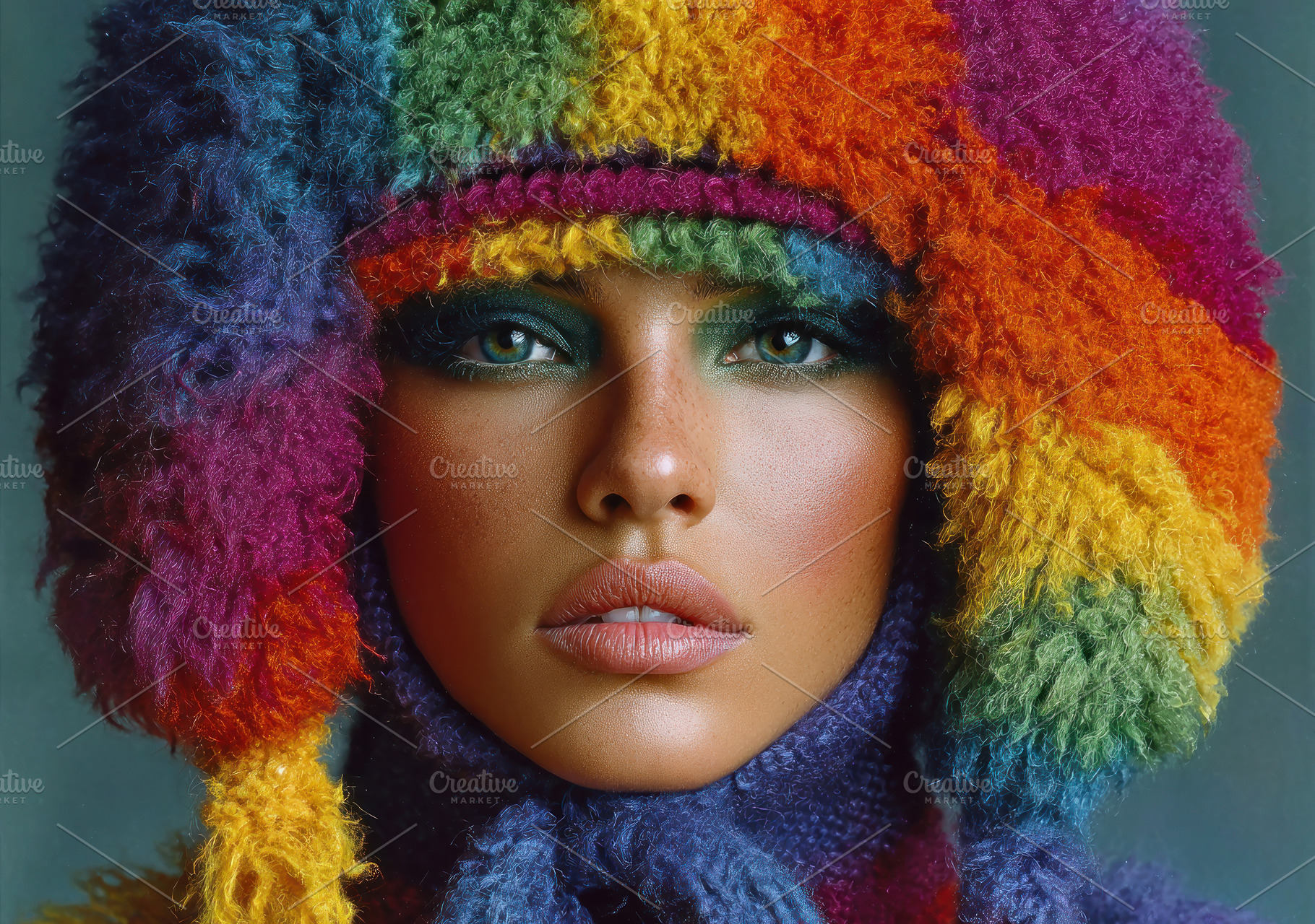 Vibrant closeup portrait of woman in rainbow-colored wool hat wi, a Person Photo by José Manuel Gelpi