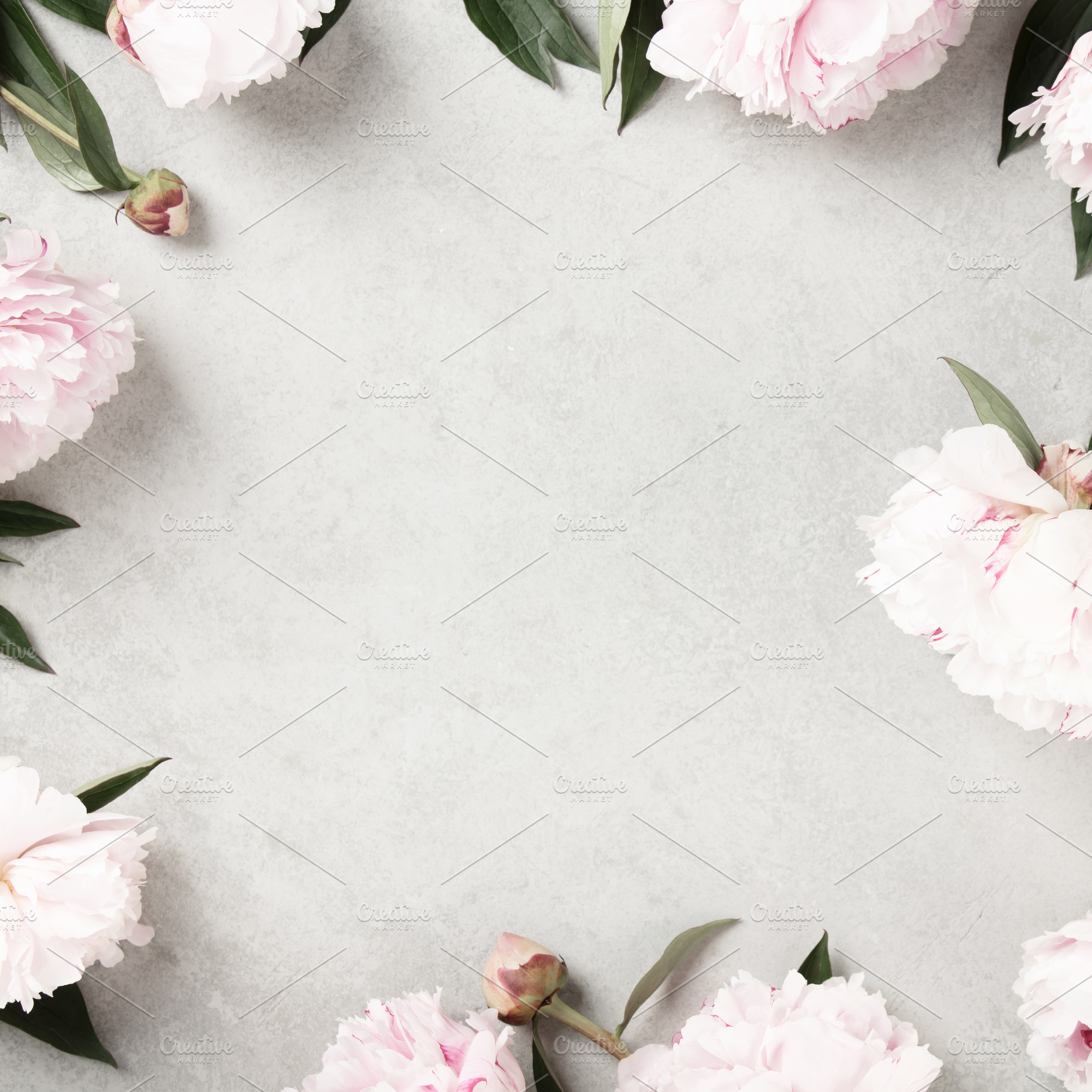 Pink Peonies Frame on Light Stone Background, a Holiday Photo by Natalia Klenova's Shop