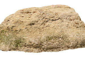 Rough natural stone with uneven surface and moss, isolated backg, an Abstract Photo by ndanko